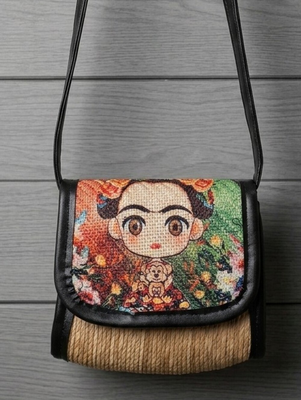 Frida-Inspired Multicolor Crossbody Bag in Black and Tan - Picture 1 of 5